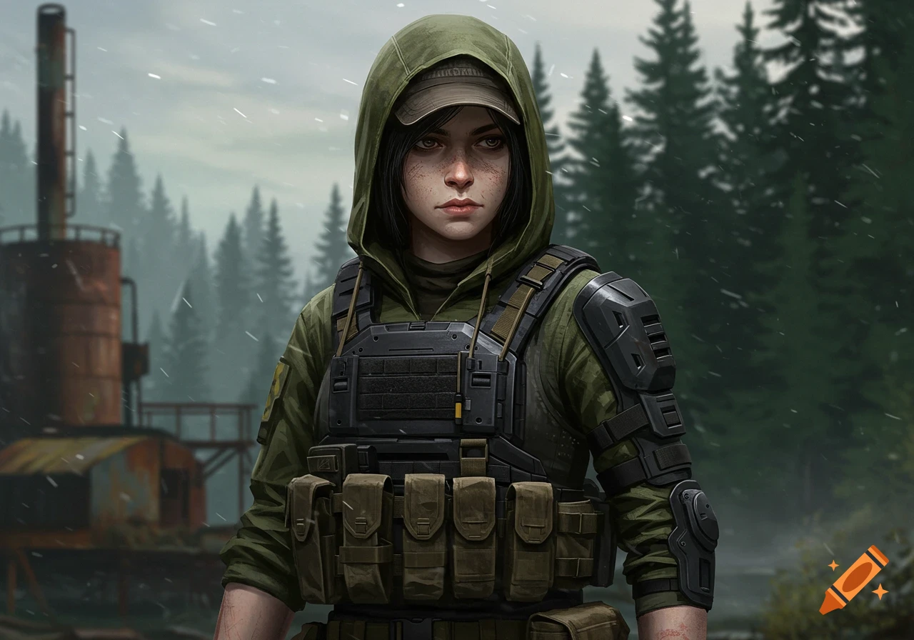 A detailed digital art portrait of a woman in green tactical gear, wearing a hood and cap, with freckles, standing in a snowy forest with an industrial building.