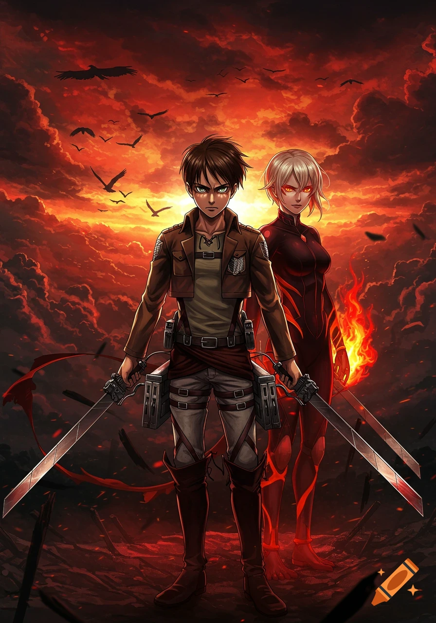 Two anime characters, a male with swords and a female with fiery powers, stand against a dramatic orange and red sky with birds.