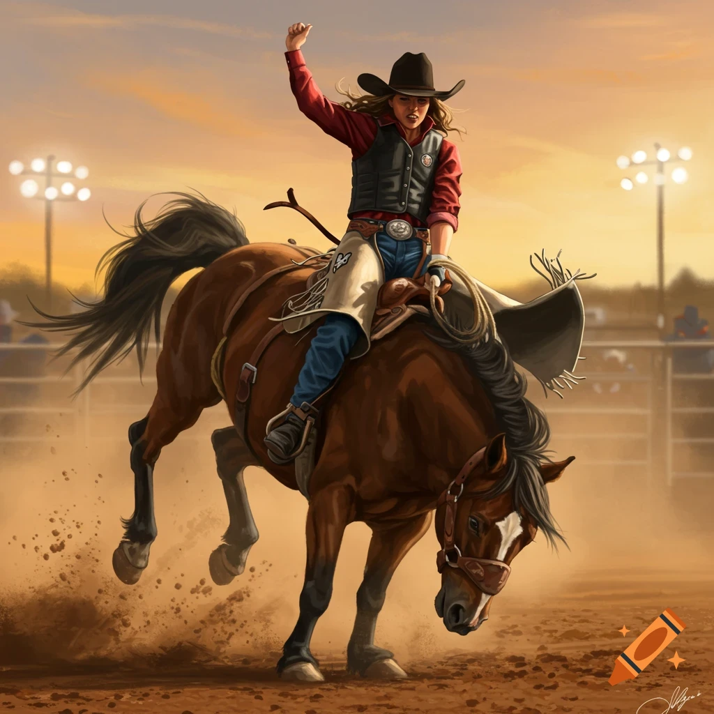 A cowgirl in a black hat and red shirt rides a bucking brown horse in a dusty rodeo arena, fist raised.