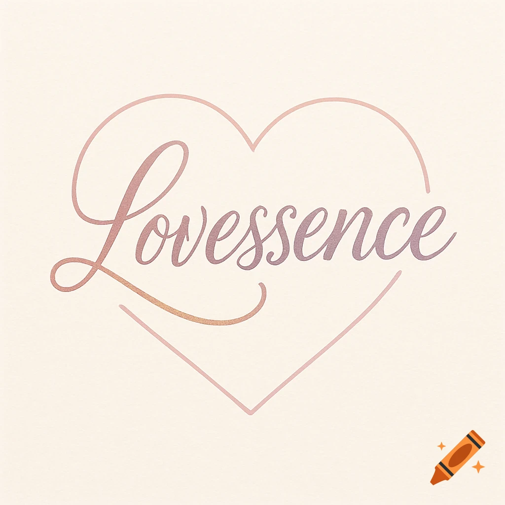 A cream-colored logo features the word 'Lovessence' in a metallic pink and purple script font, framed by a delicate pink heart outline.