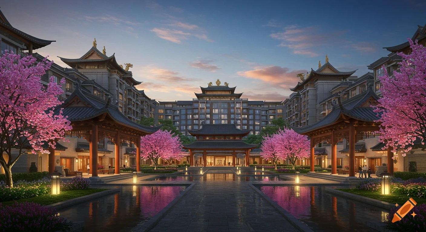 A serene courtyard of a luxury complex inspired by traditional Chinese architecture, featuring ornate buildings, pink cherry blossoms, and reflective water under a twilight sky.