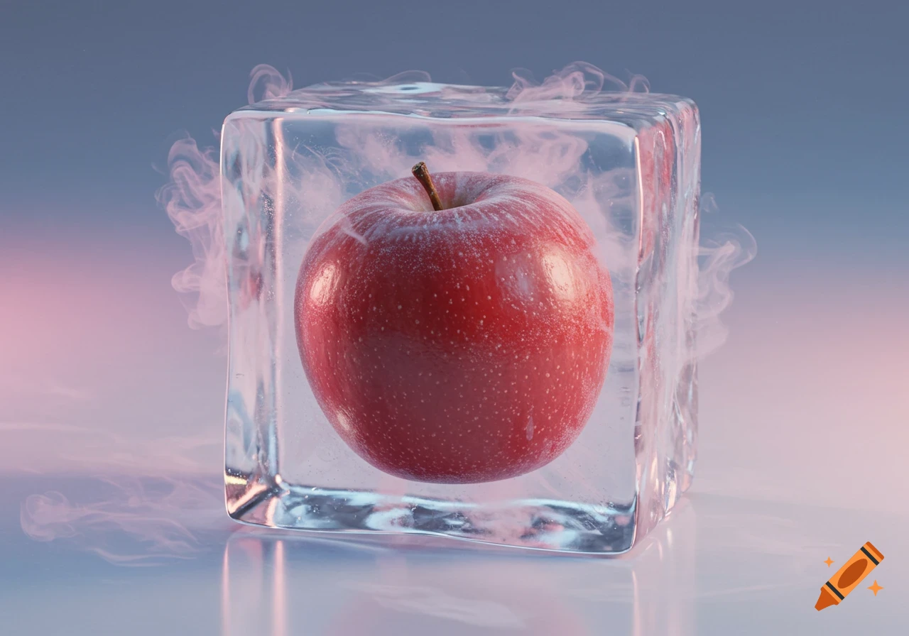 A vibrant red apple encased within a clear ice cube, surrounded by swirling pink smoke against a gradient background.