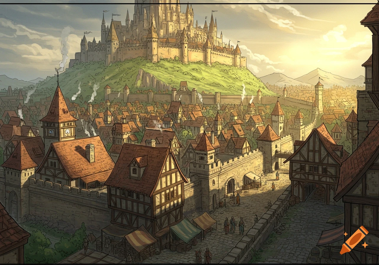 A vibrant concept art sketch of a bustling medieval walled city with a grand castle atop a hill, bathed in sunlight.