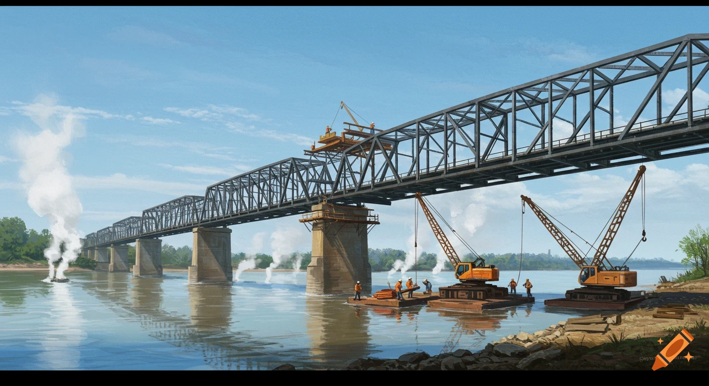 A large metal truss bridge is under construction over a wide river, with cranes and workers on barges in the water and on the riverbank under a clear sky.