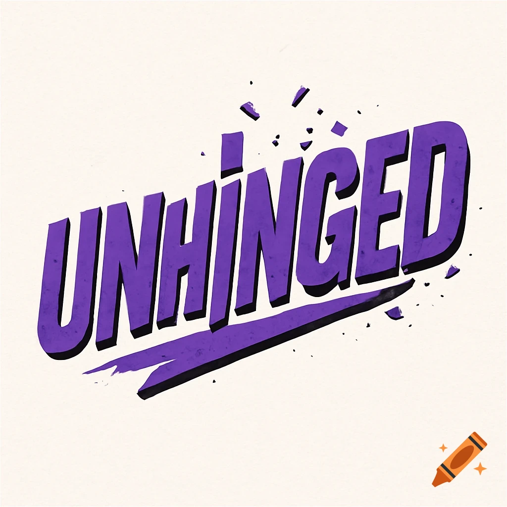 A purple and black distressed logo with the word "UNHINGED" in bold, fragmented letters on a light background.