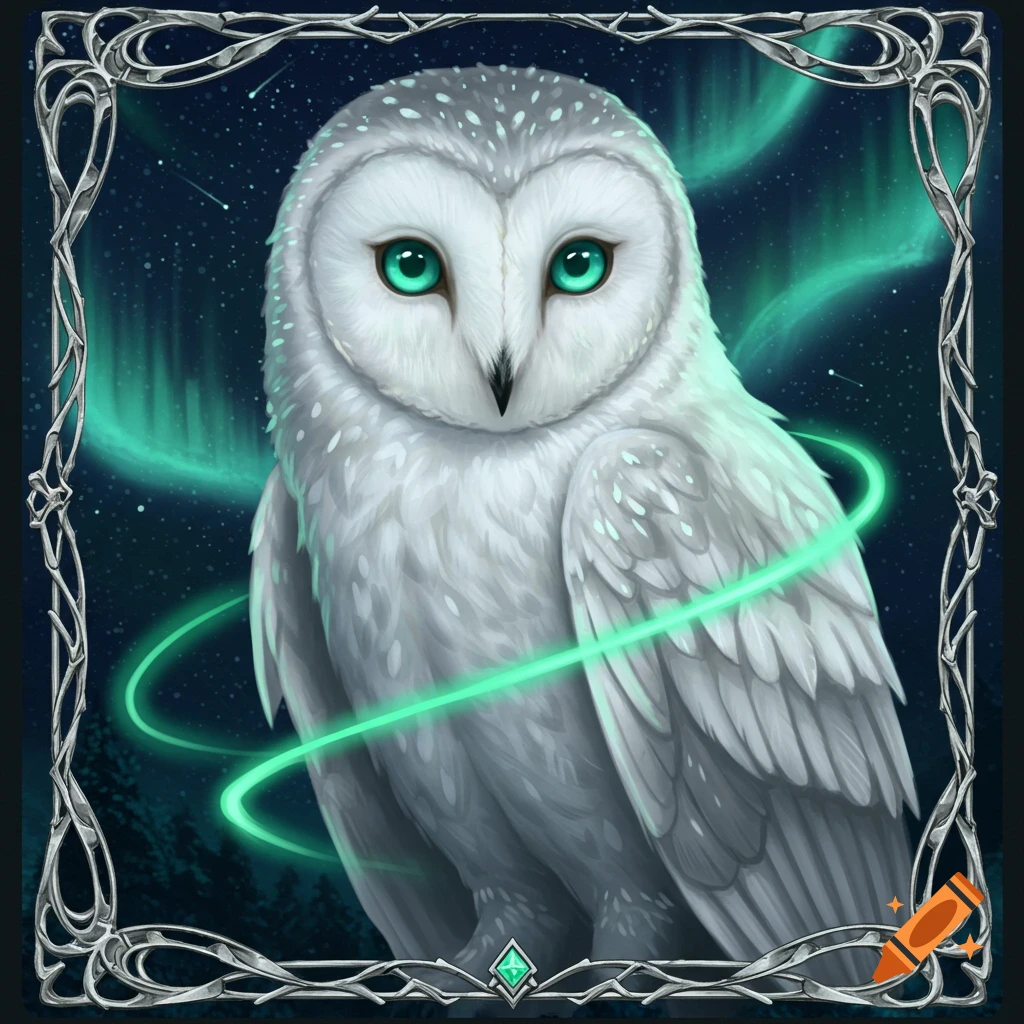 A majestic white owl with bright green eyes and glowing green aura, depicted as a fantasy trading card.