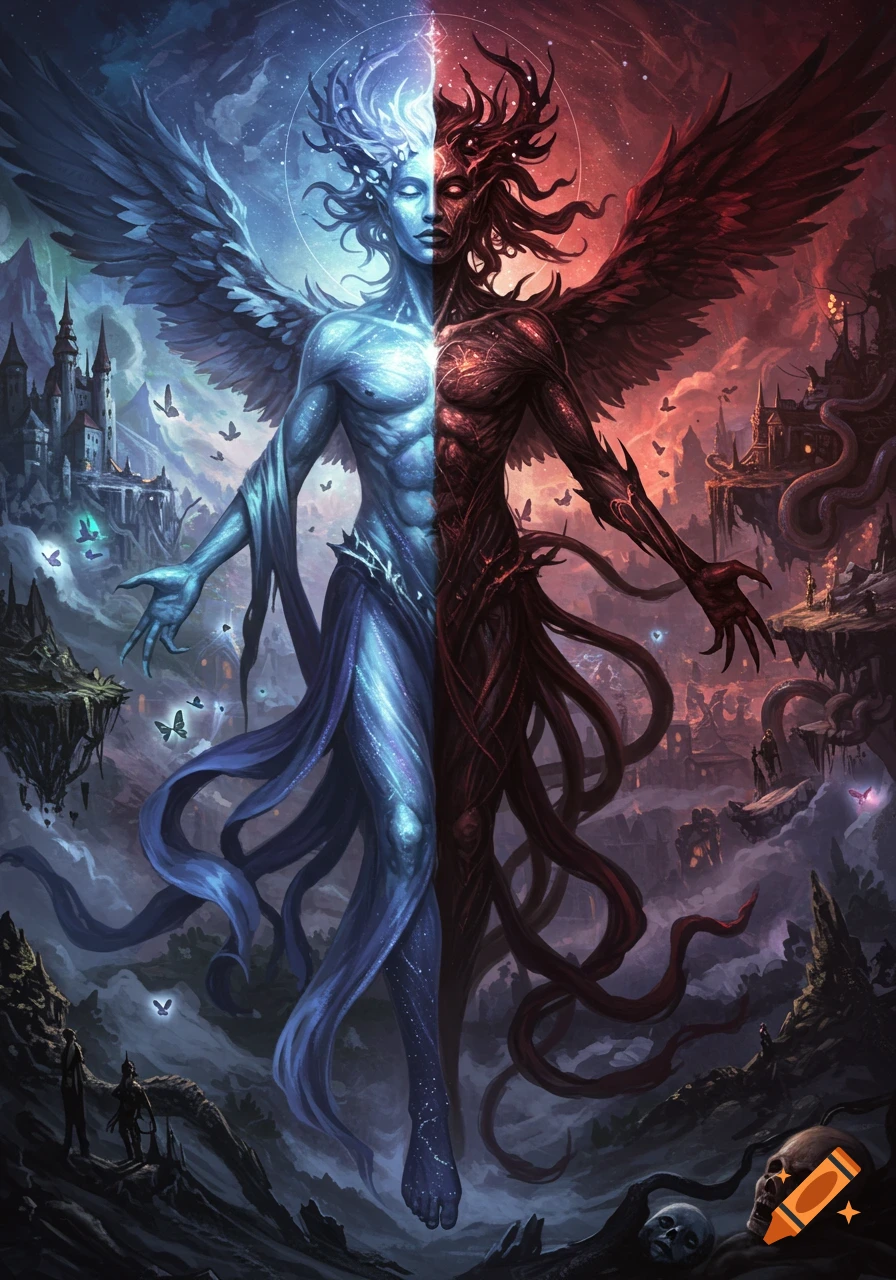 Detailed fantasy art of an angelic blue figure merged with a demonic red figure, against contrasting light and dark landscapes.