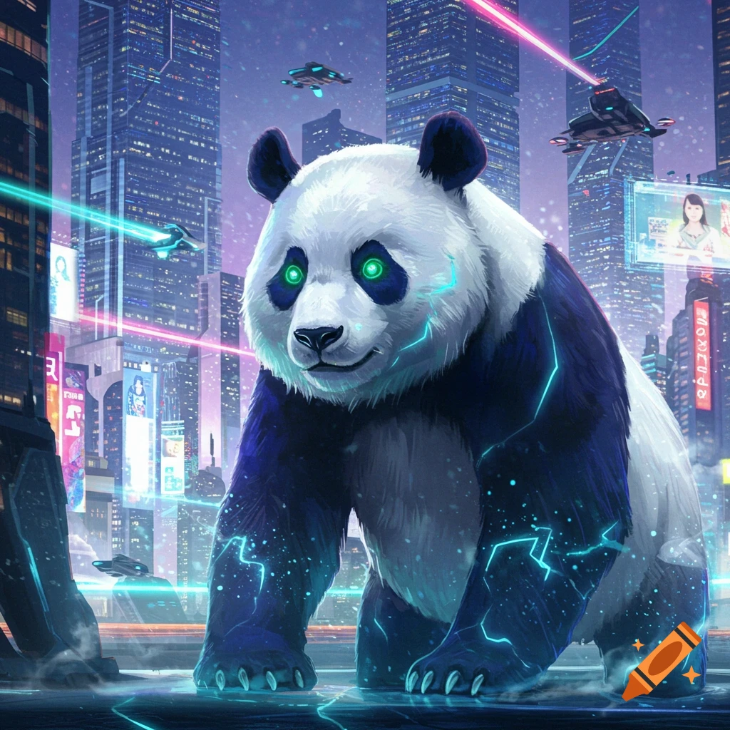 A giant futuristic panda with glowing green eyes stands in a vibrant cyberpunk city with neon lights and flying vehicles.