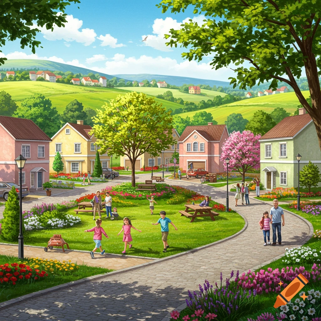 An idyllic, colorful village scene with pastel-colored houses, green hills, and a park where families with children walk and play.