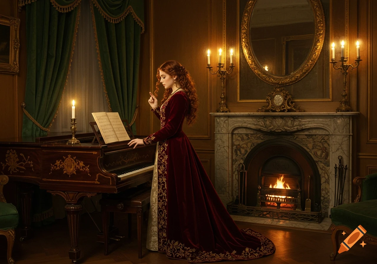 A woman in a red velvet dress playing the piano in a classically decorated room, lit by candles, in an oil painting style.