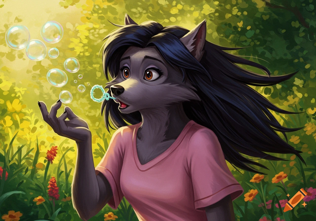 A Disney-style anthropomorphic wolf woman with dark hair blowing bubbles in a sunny, green field with flowers.