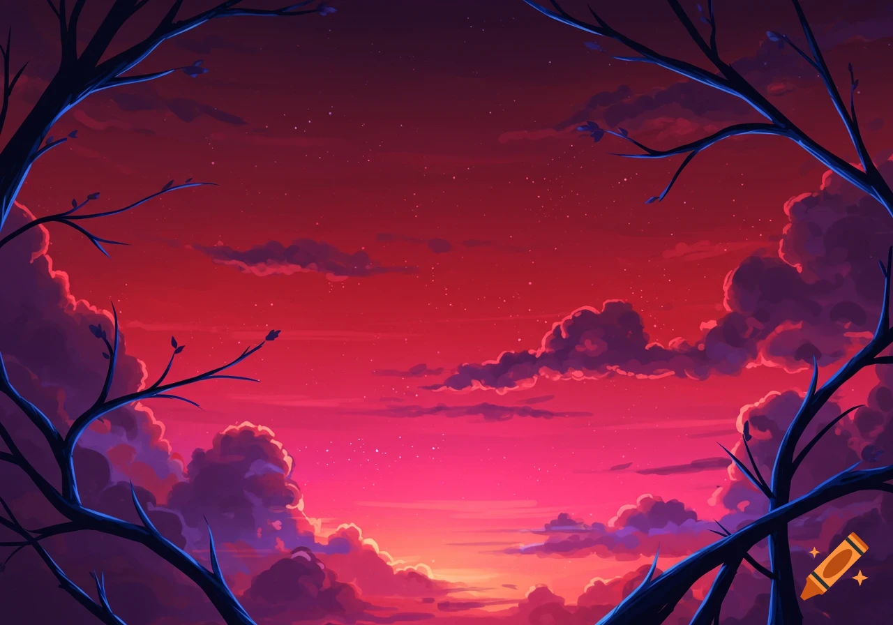 A stylized painting of a vibrant red and pink sunset sky with dark, silhouetted tree branches framing the view.