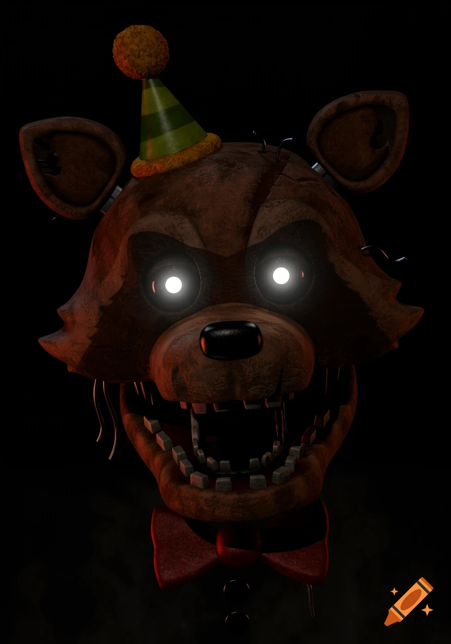 A close-up of a creepy, rusty animatronic raccoon face with glowing white eyes, a torn party hat, and a red bow tie, against a dark background.
