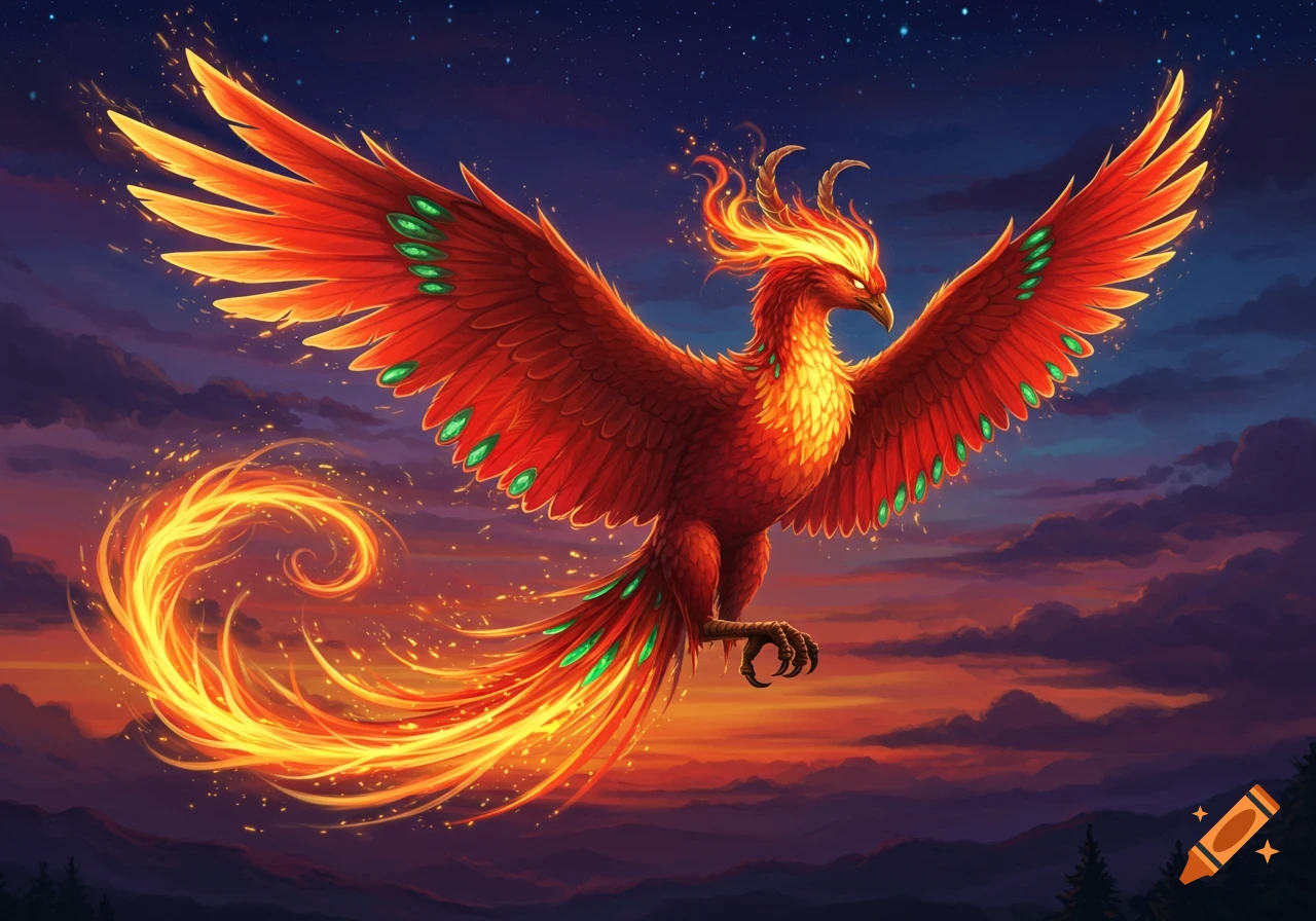A majestic fiery phoenix with red and orange feathers and green accents soars through a starry twilight sky.