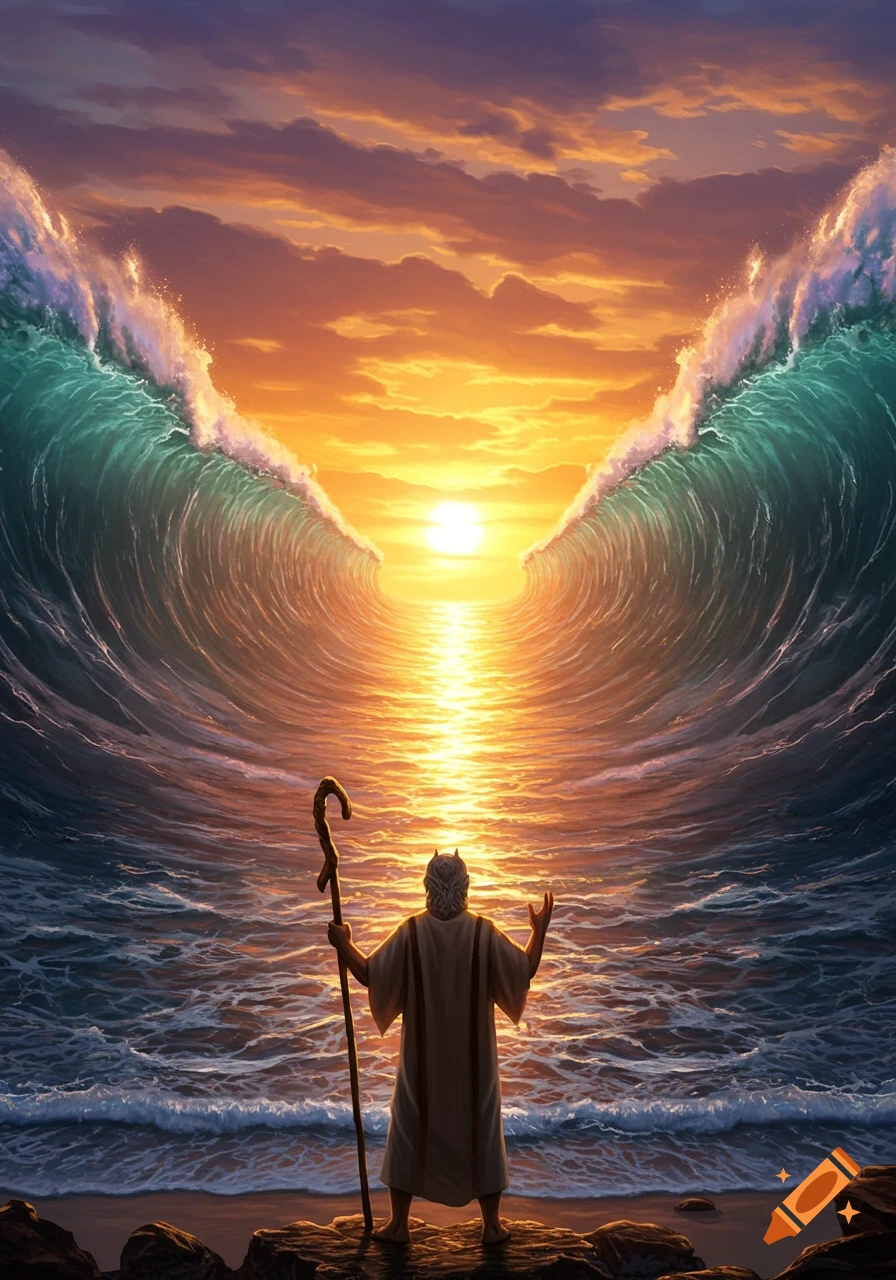 Moses stands on a beach, staff in hand, as the Red Sea parts into two towering walls of water under a dramatic sunset, digital art.