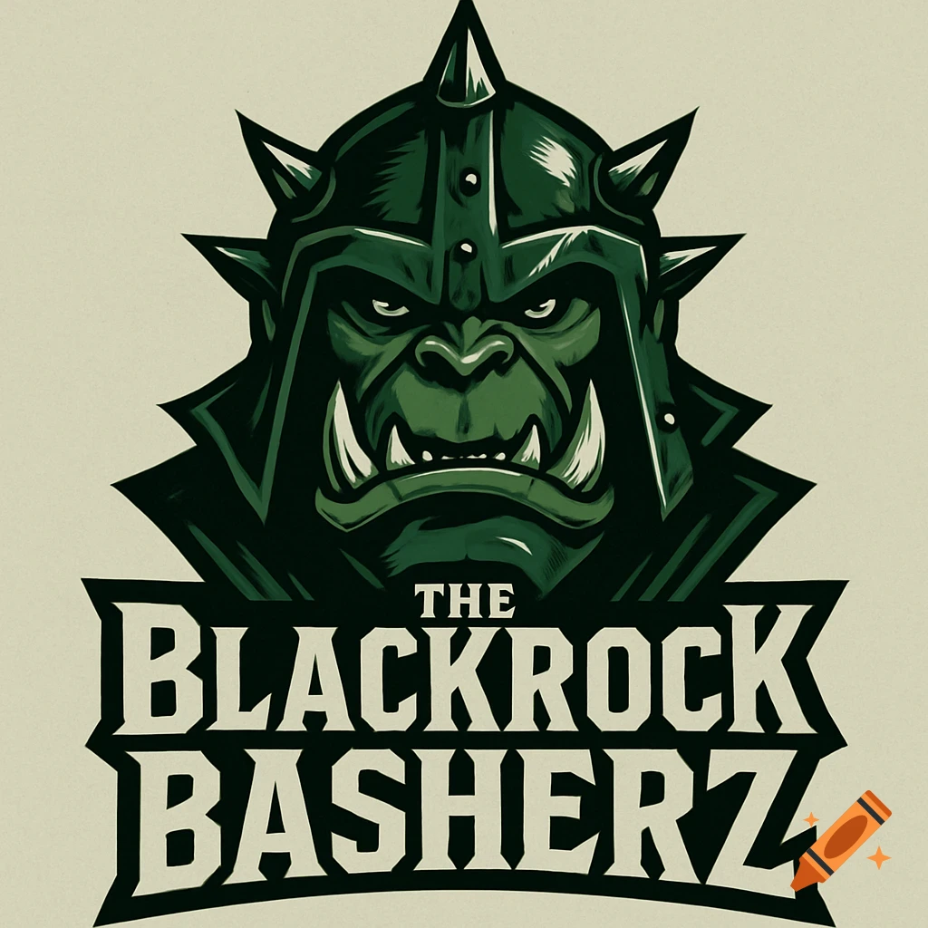 A logo featuring a fierce green orc head in a spiked helmet above the text 'THE BLACKROCK BASHERZ' in a bold, graphic style.