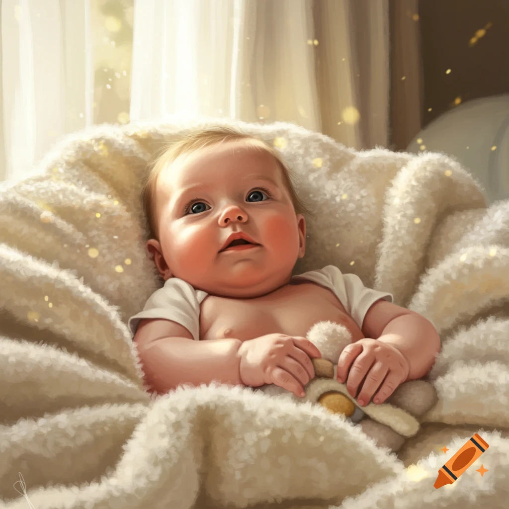 A close-up of a cute baby with blue eyes lying on a soft white blanket with warm light and sparkling bokeh.
