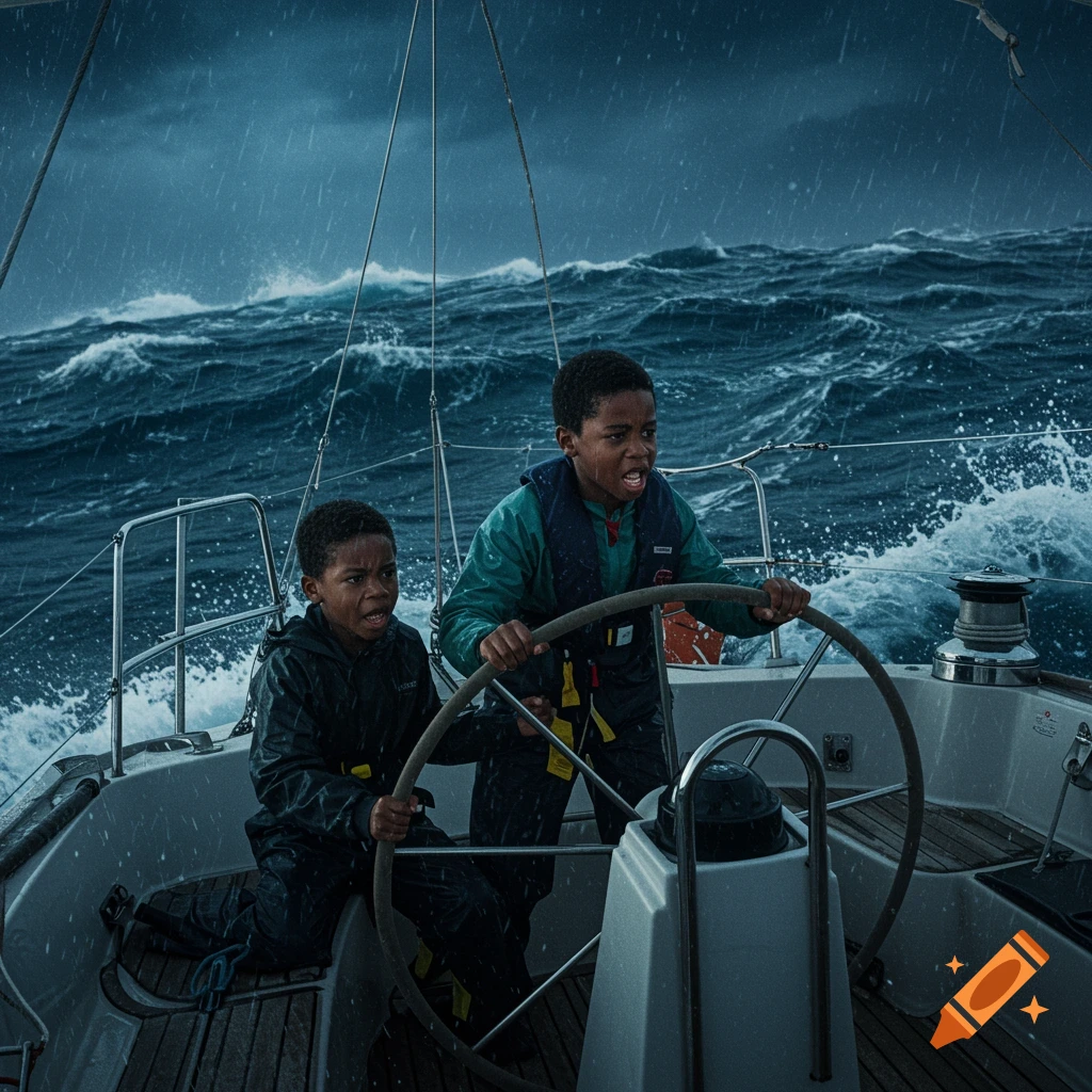 Two young boys on a sailboat, one steering, during a stormy, rainy day on rough ocean waves.