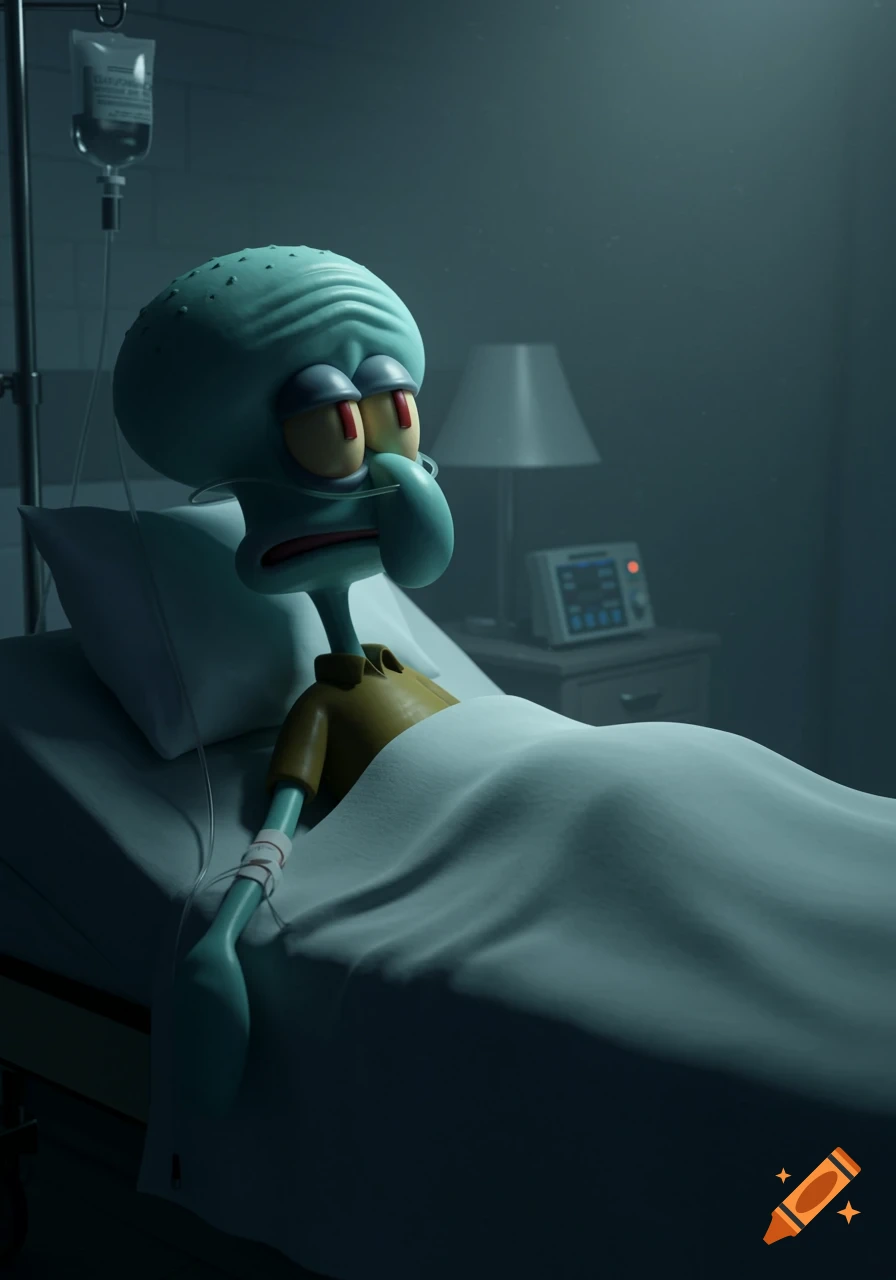 3D render of Squidward from Spongebob Squarepants in a hospital bed with an IV drip, looking sick and defeated.
