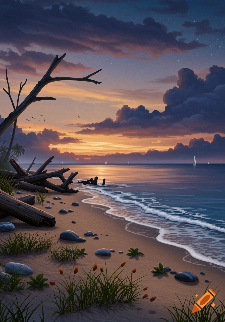 A colorful sunset illuminates a beach with driftwood, rocks, and grass along the shoreline, and sailboats on the calm ocean under a partly cloudy sky.