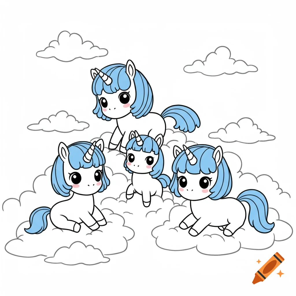 Four cute cartoon unicorns with blue manes on fluffy clouds, in a clean line art coloring book style.