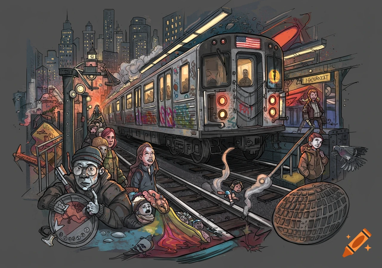 A colorful, gritty illustration of a New York subway scene with a train, people on a platform and tracks, and a city skyline in the background.