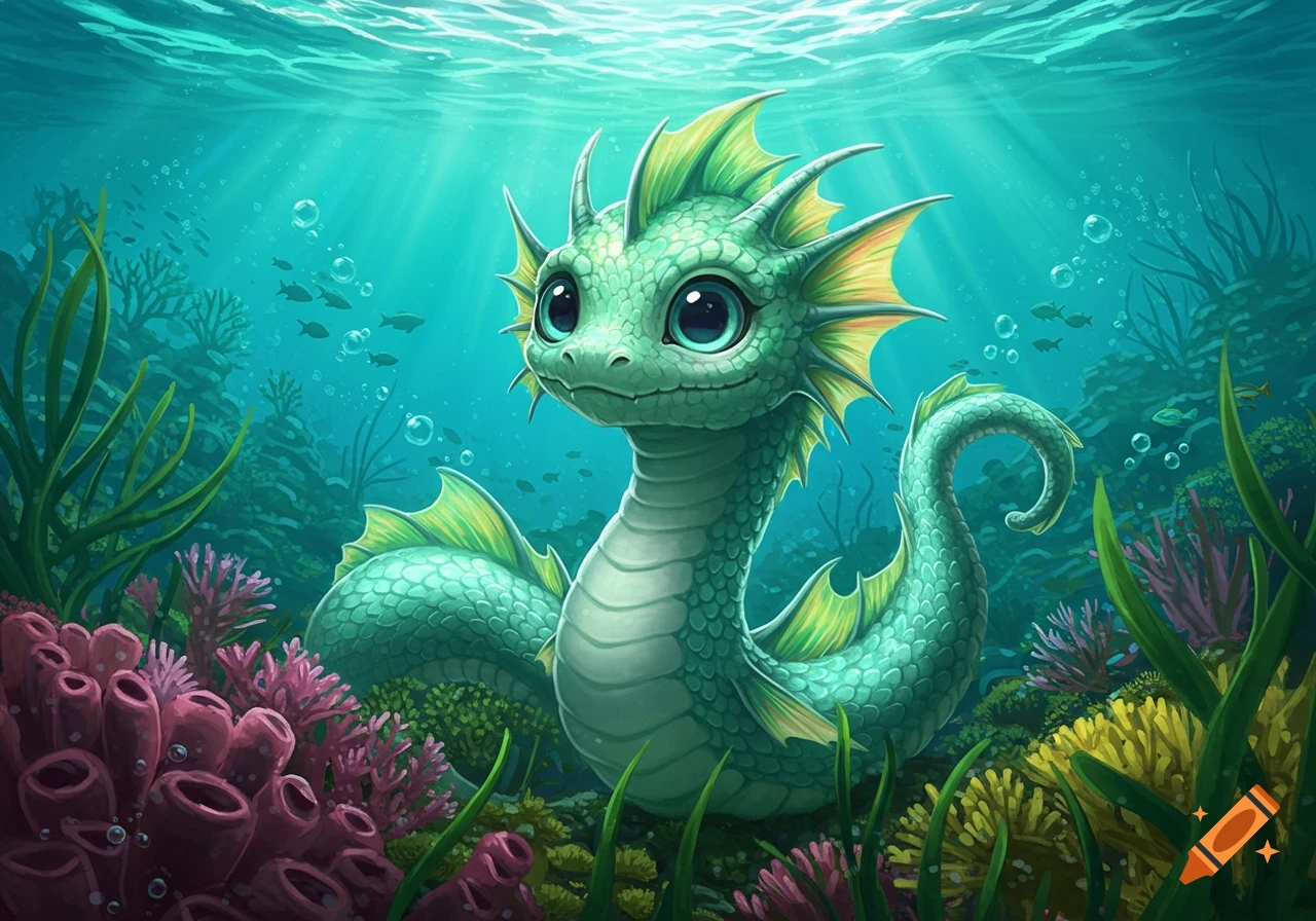 A cute baby sea serpent with large eyes and green scales swims in a vibrant underwater scene with colorful coral and light rays.