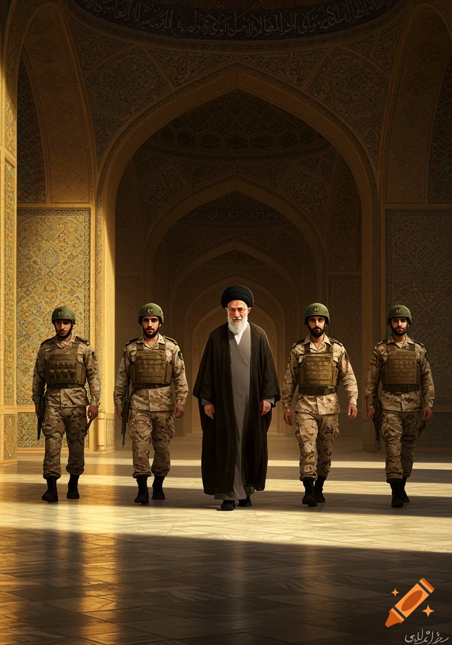 A religious leader in a black robe walks with four soldiers in camouflage through an ornate, arched hall with calligraphic walls.