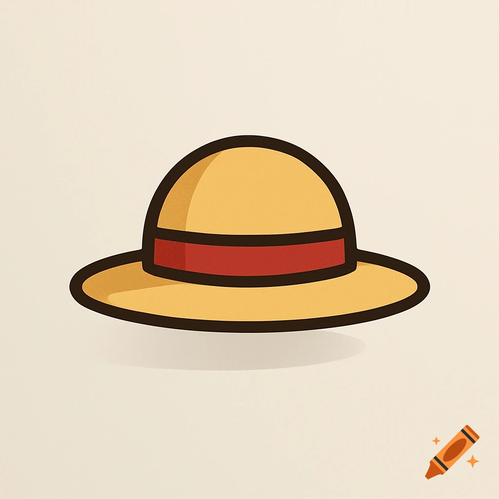 A minimalist cartoon illustration of a yellow straw hat with a red band.