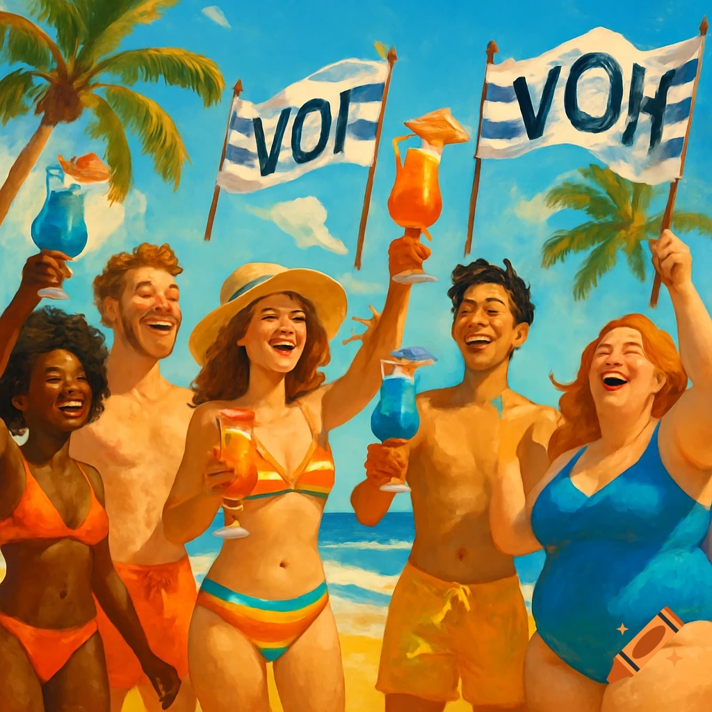 Smiling people in swimwear at a sunny beach, holding cocktails and waving flags, in a painterly style.