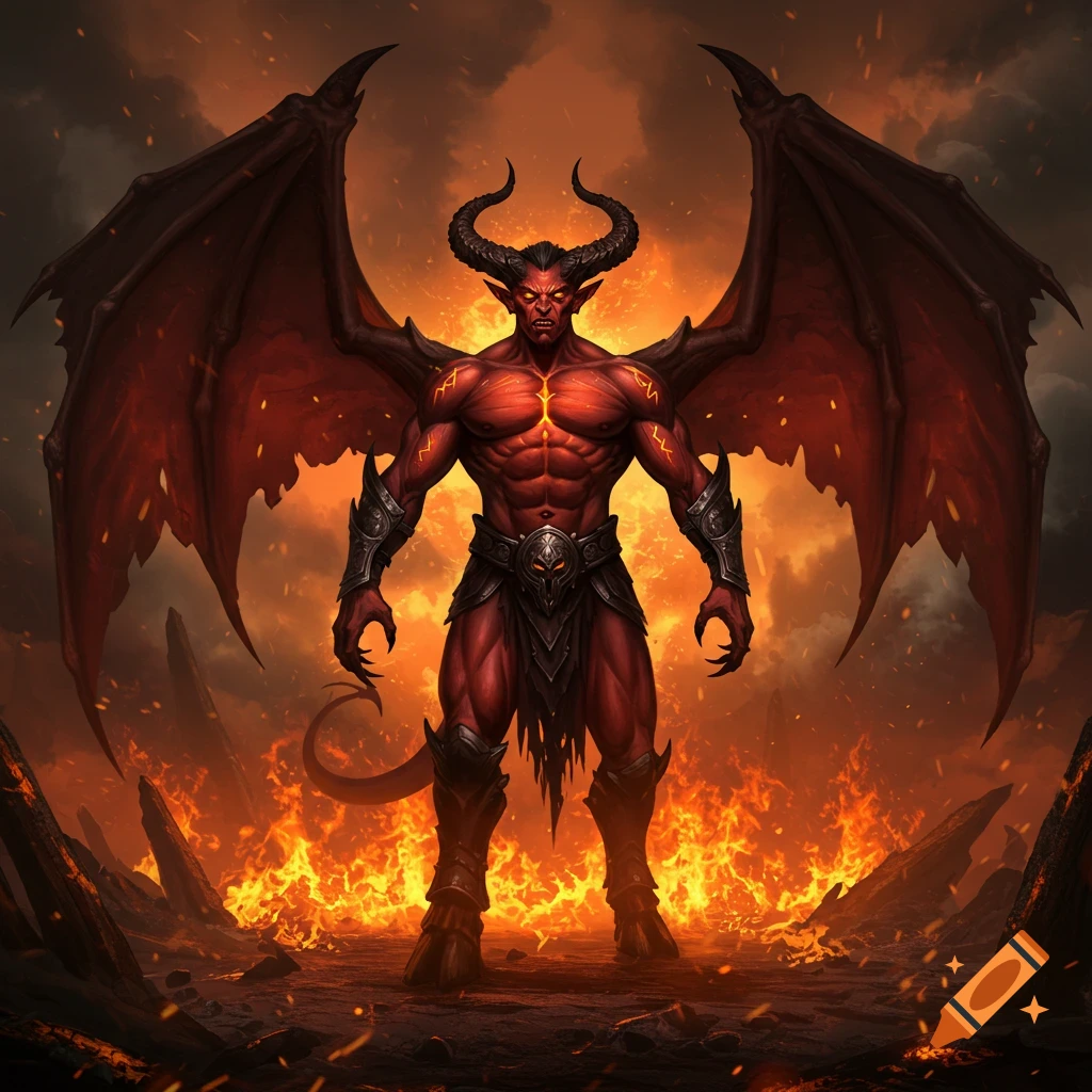 A powerful, red-skinned demon with large wings and horns stands in a fiery, hellish landscape.