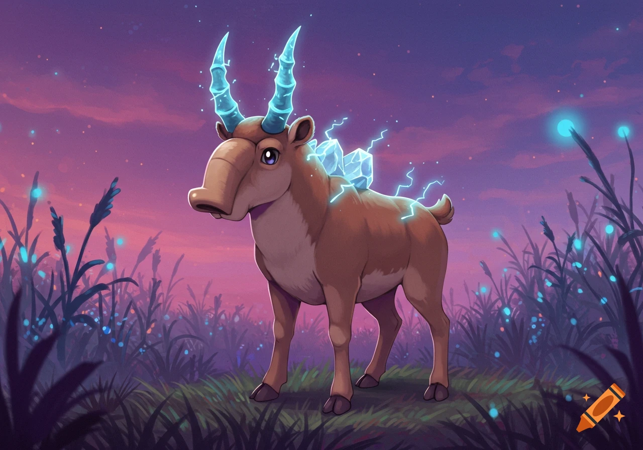 A cartoon-style saiga-like creature with glowing blue horns and crystals on its back stands in a field of glowing plants under a purple sky.