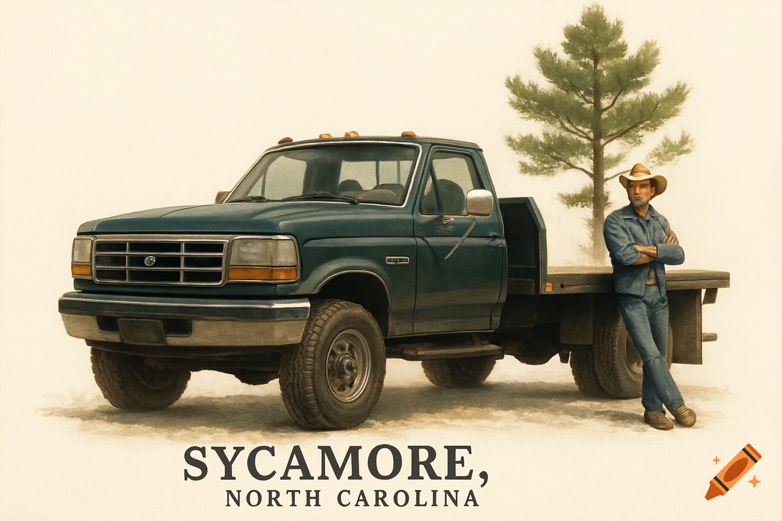 Dark green Ford flatbed truck, man in cowboy hat leaning on it, pine tree. Text: 'SYCAMORE, NORTH CAROLINA'. Stylized illustration.