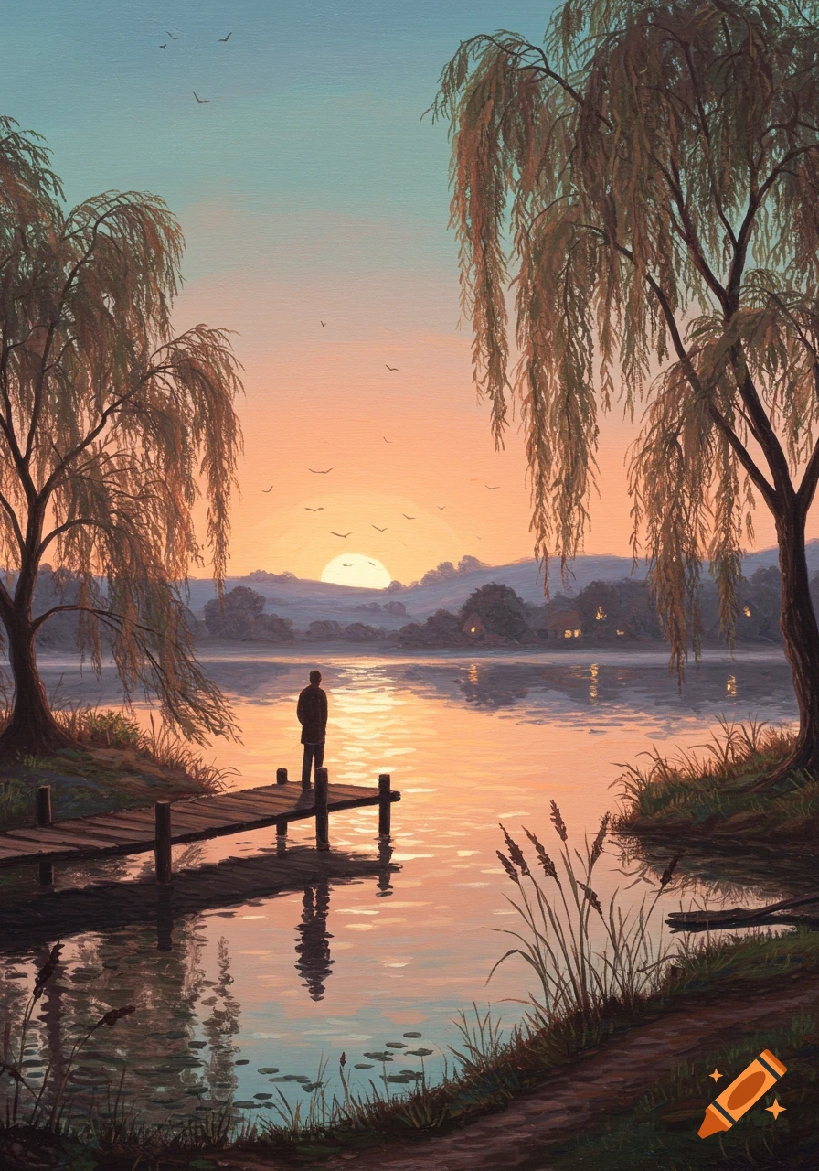 A person stands on a wooden dock looking at a vibrant sunset over a calm lake, flanked by willow trees in a classical painting style.
