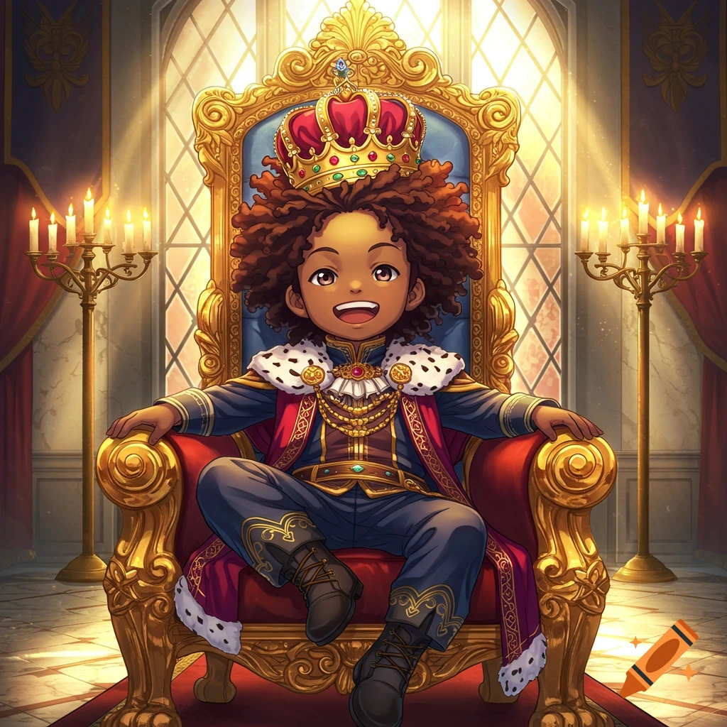A smiling anime black child sits on a golden throne, wearing a crown and royal robes, in a grand hall with candles.