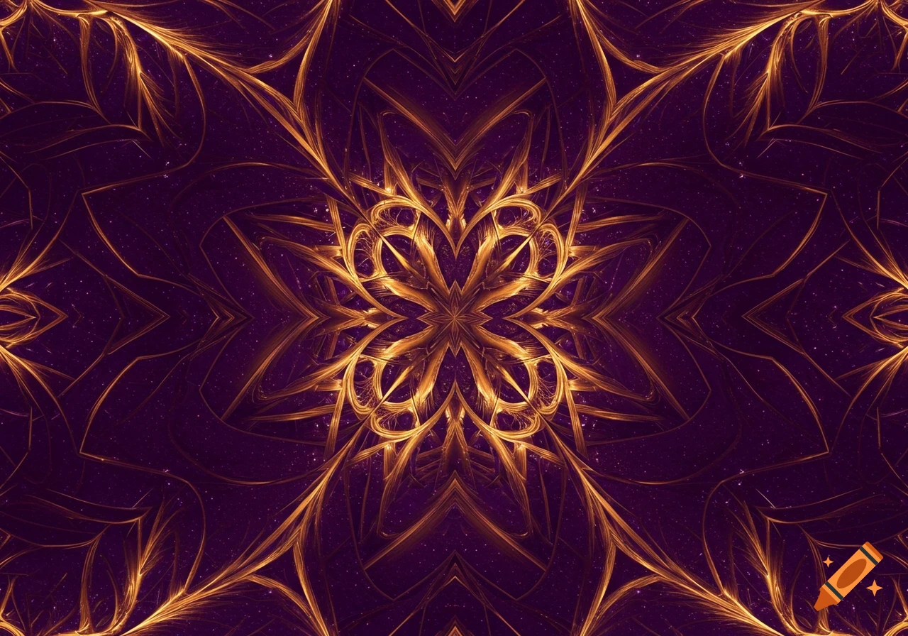 An intricate symmetrical pattern of glowing golden lines against a deep purple background with small light speckles.