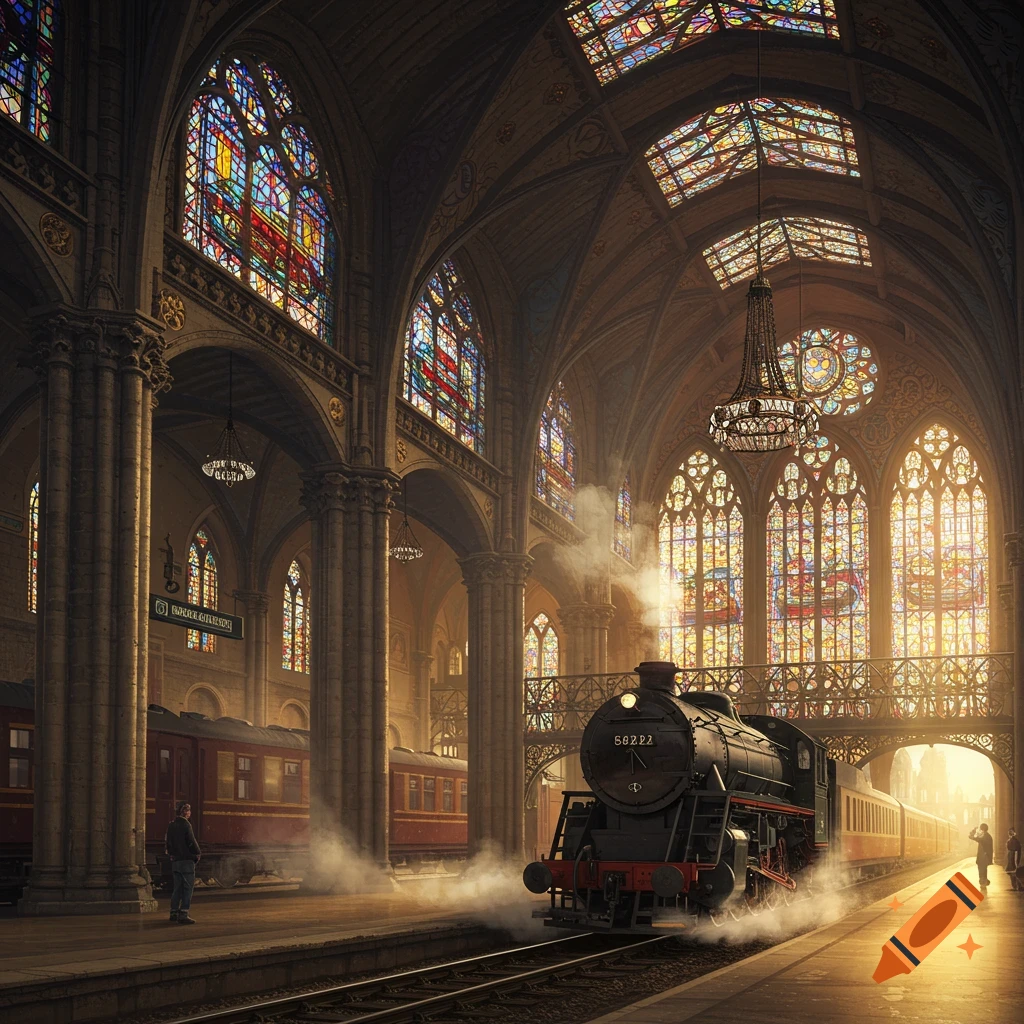 A grand, gothic-style train station with ornate stained glass windows and high arches. A black steam train emits smoke on the platform, bathed in warm light.
