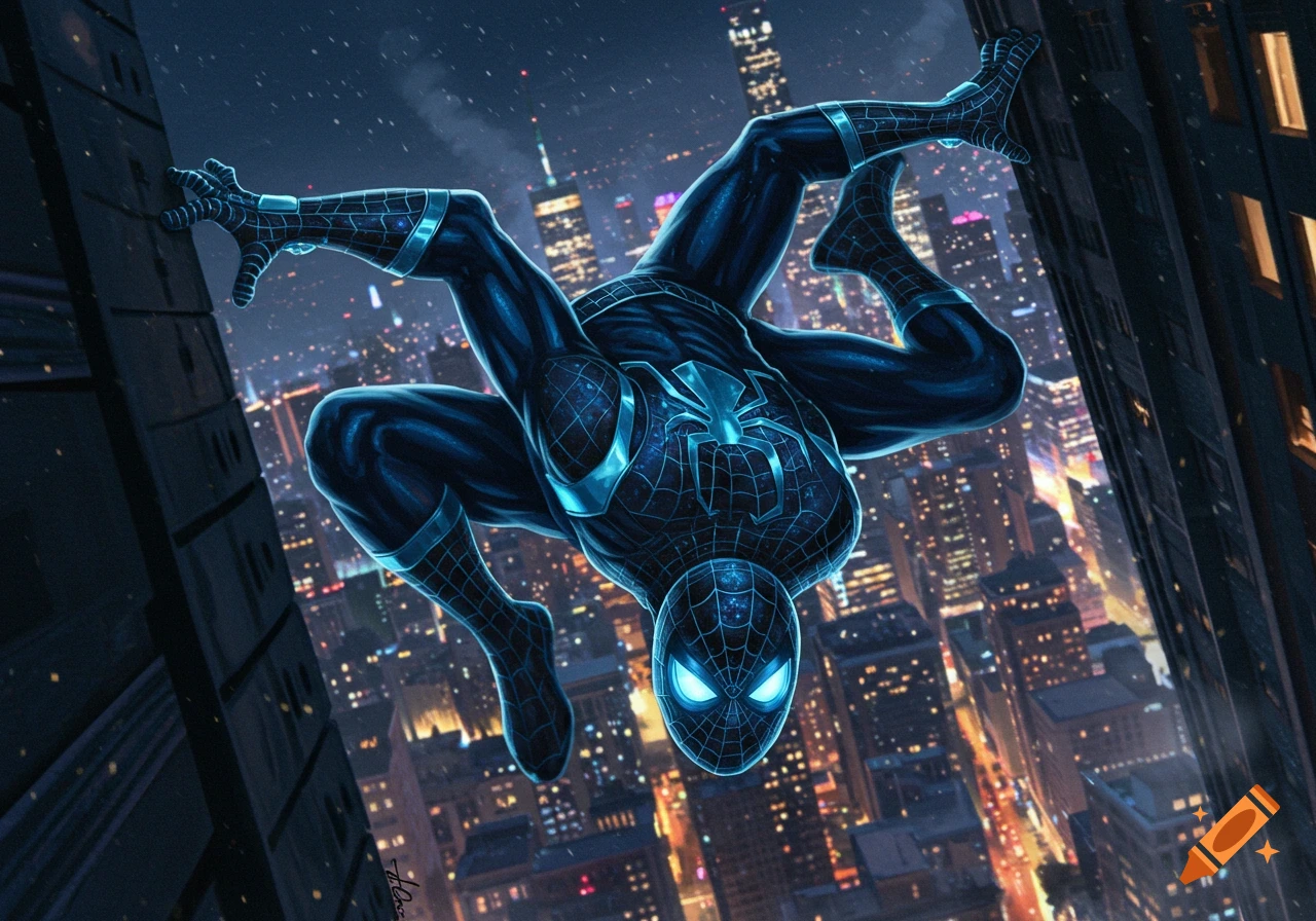 Blue and black Spider-Man climbs a skyscraper at night, with glowing blue symbol and eyes, overlooking a vibrant city skyline.