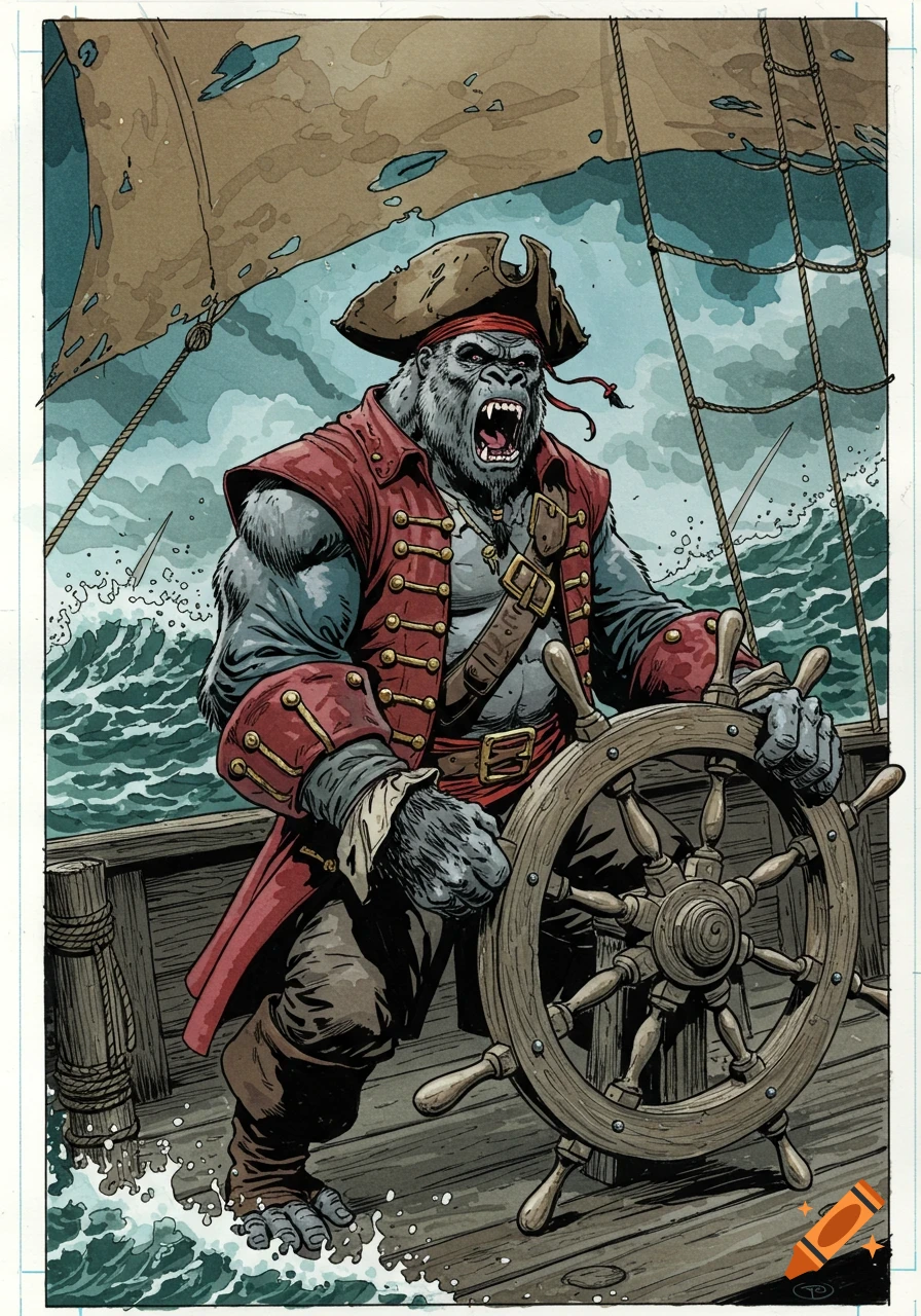 A roaring gorilla pirate in a red coat steers a ship through a stormy sea in a comic book art style.