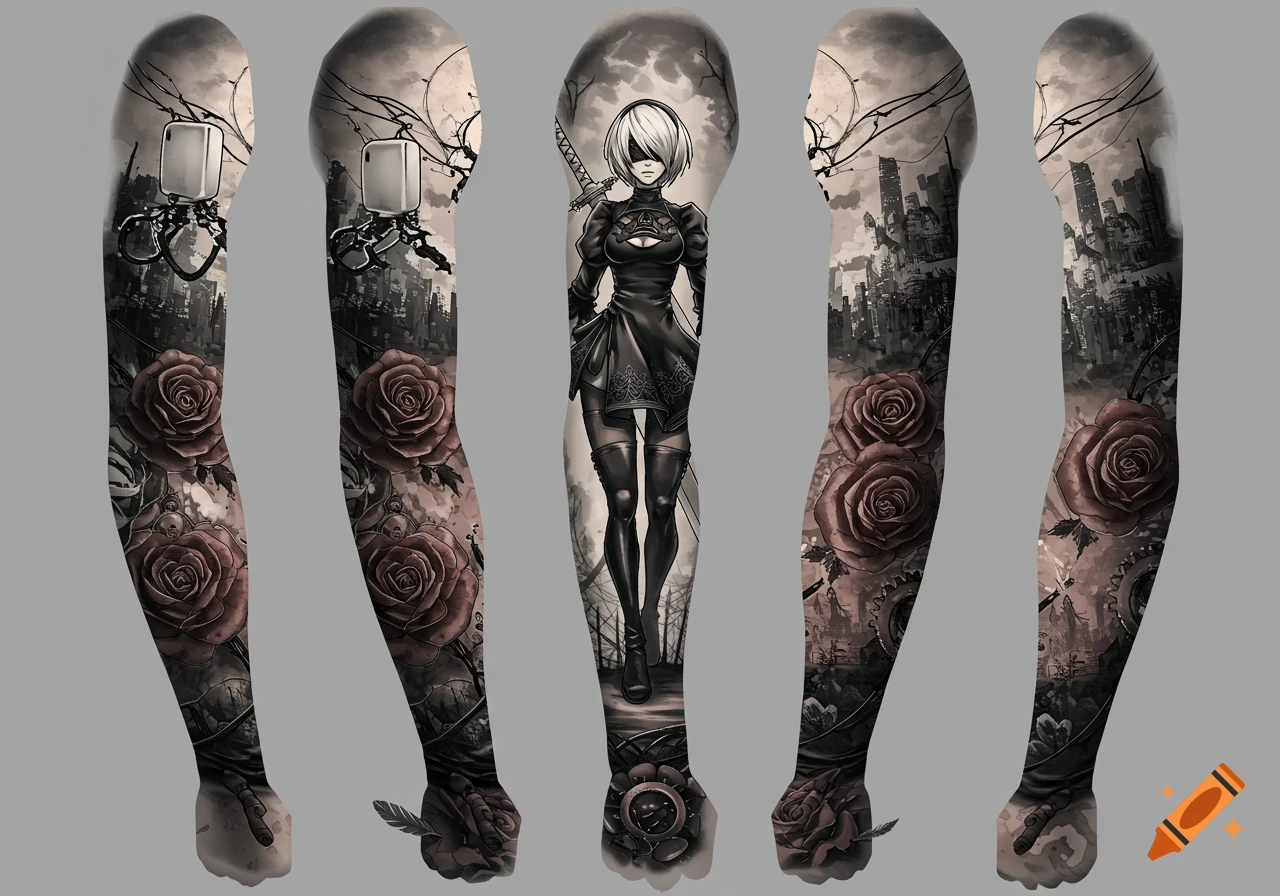 Full arm sleeve tattoo concept featuring Nier: Automata's 2B amidst roses and a ruined city, rendered in a detailed monochrome and red style.