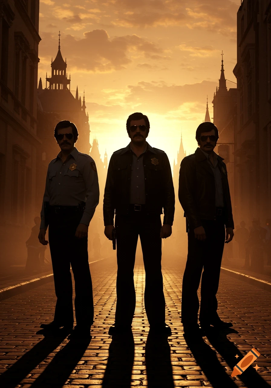 Three men dressed as 70s cops stand silhouetted against a golden sunset on a cobbled city street with buildings.