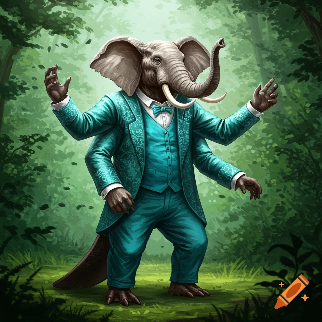 An anthropomorphic elephant-like creature with four arms and a tail, wearing a teal suit, stands in a lush green forest.