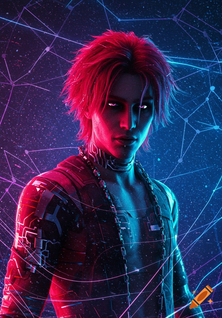 A person with red hair and glowing eyes in cyberpunk attire, set against a starry, networked background with neon accents.