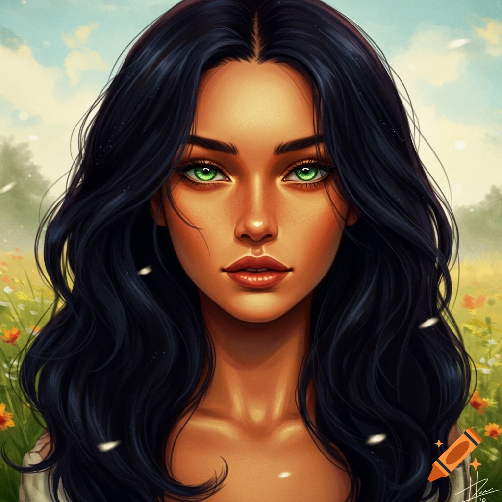 A stylized digital portrait of a woman with long black hair, bright green eyes, and warm skin, in a soft, sunlit meadow.