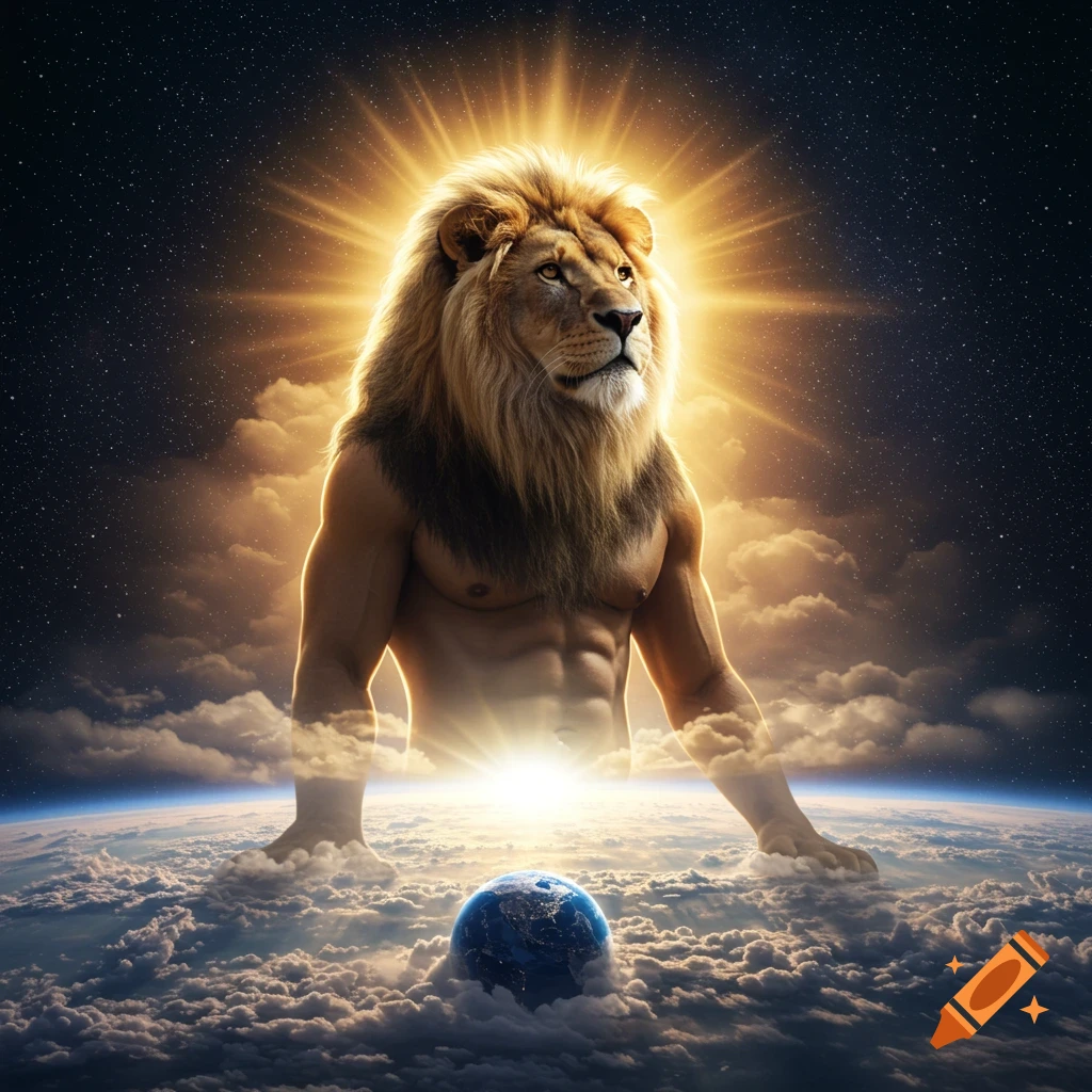 A majestic, muscular anthropomorphic lion with a glowing mane stands among clouds above Earth, against a starry cosmic background.