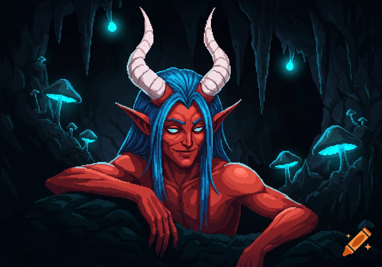 A pixel art depiction of a red-skinned imp with blue hair and white horns, smiling subtly in a dark cave with glowing blue mushrooms and stalactites.