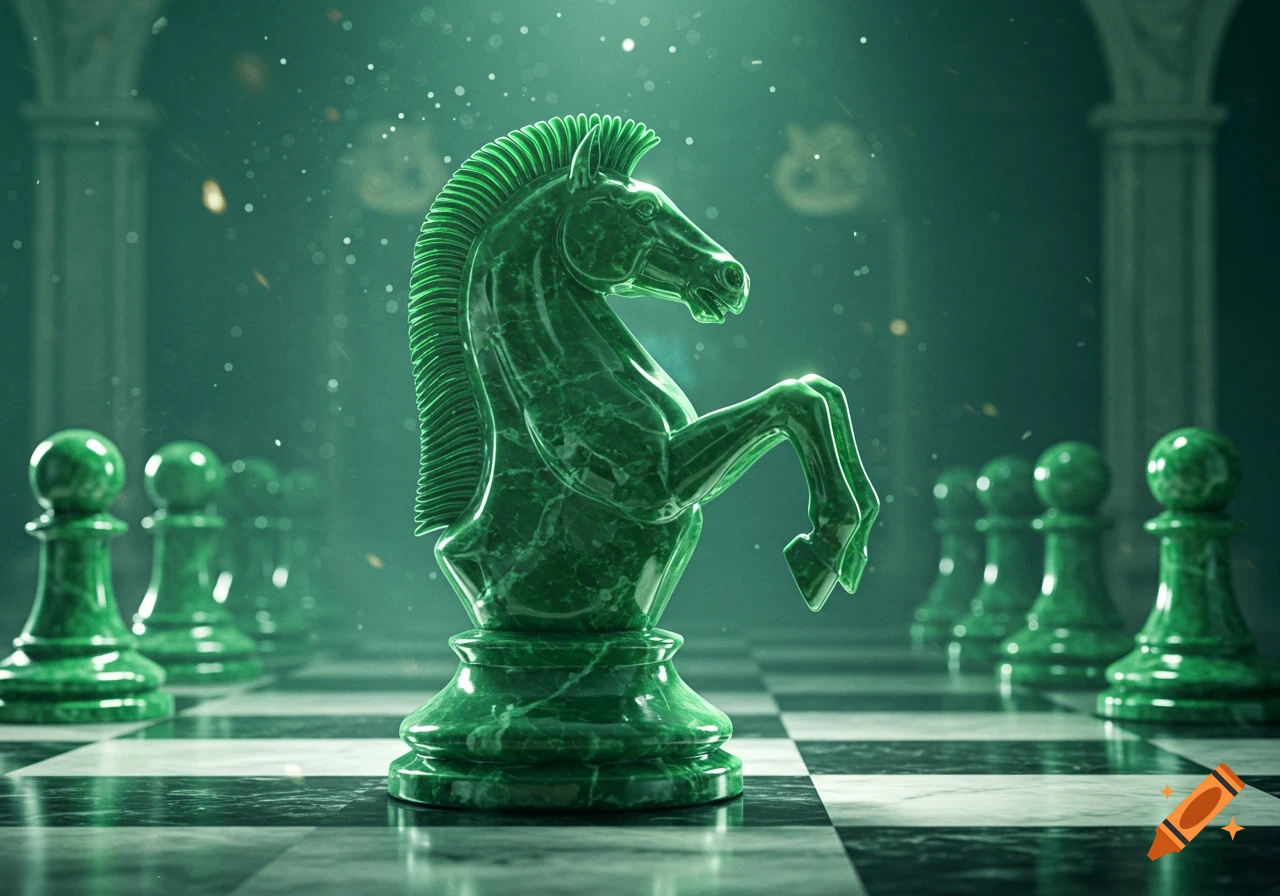 A vibrant green marble chess knight stands prominently on a black and white chessboard, surrounded by other green pieces in an atmospheric, dimly lit setting.