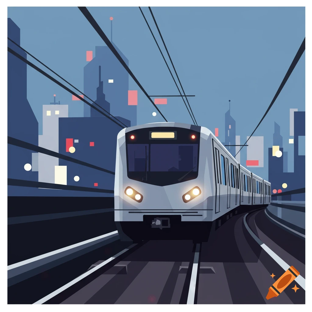 A stylized illustration of a modern metro train moving through a city at dusk, with abstract buildings and overhead wires.
