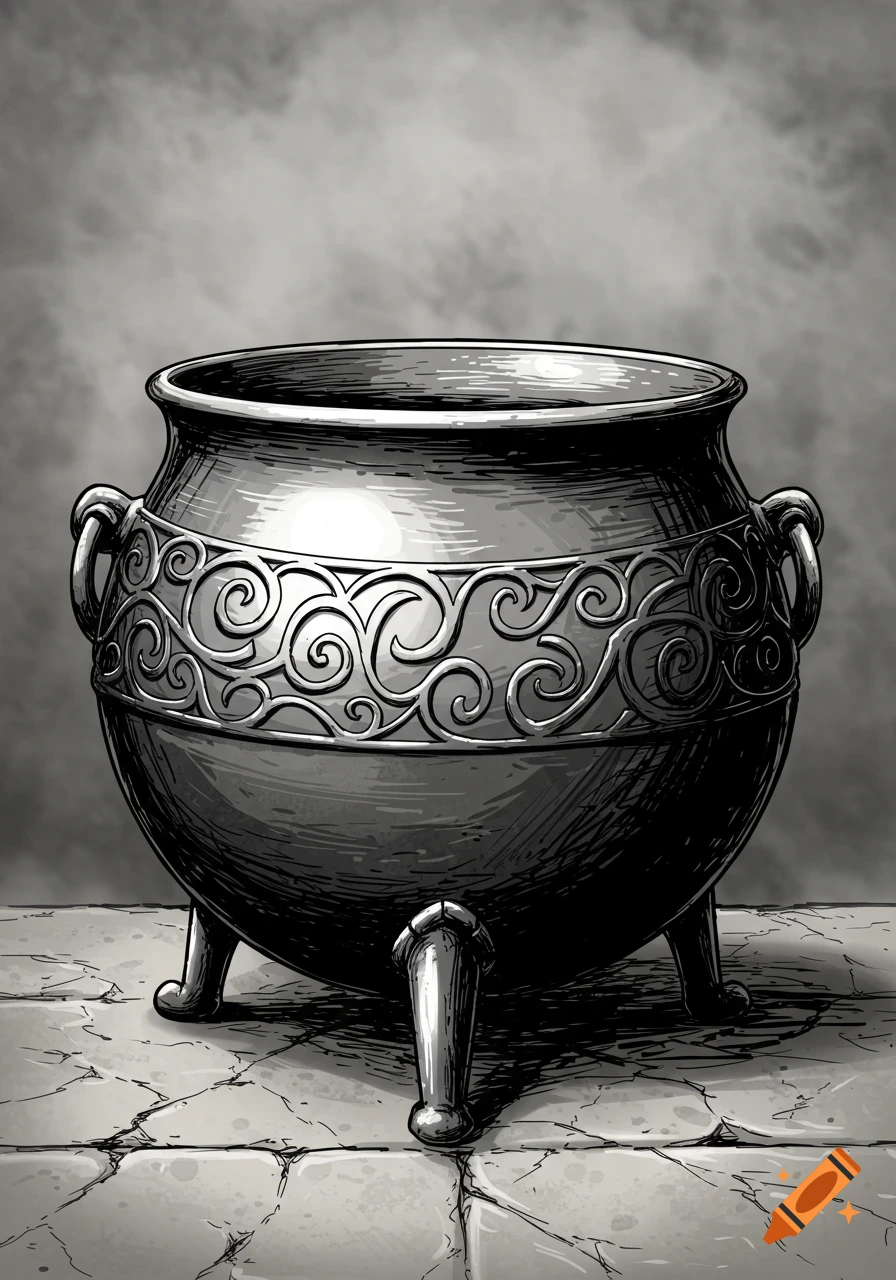 A detailed black and white ink drawing of a metal cauldron with decorative scrollwork and three legs, on a stone floor.