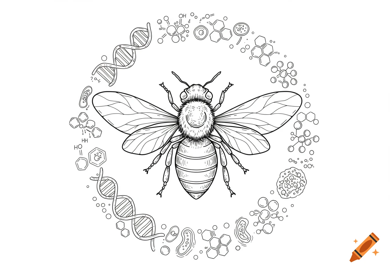 Line art illustration of a bee surrounded by a circle of DNA helices, molecules, and microscopic organisms on a white background.
